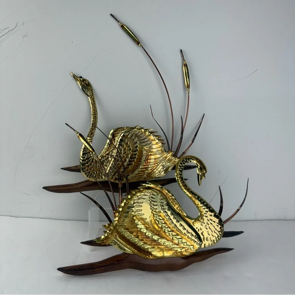 Mid Century Modern Vintage Brass and Wood Swan Wall Hanging LOT OF 2 Retro
